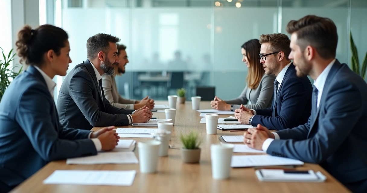 Ambiente de trabalho dividido, duas equipes em lados opostos de uma mesa de reunião