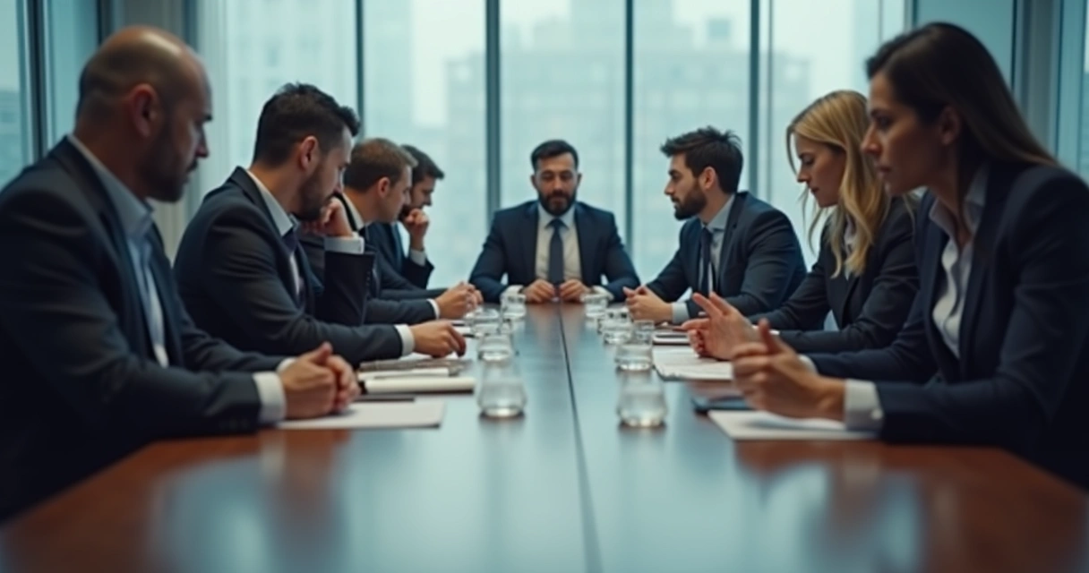 Pessoas de uma equipe sentadas em lados opostos da mesa de reunião, olhando para direções diferentes