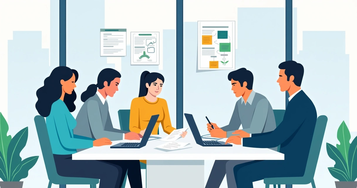 Equipe analisando requisitos em reuniões presenciais e usando computadores 