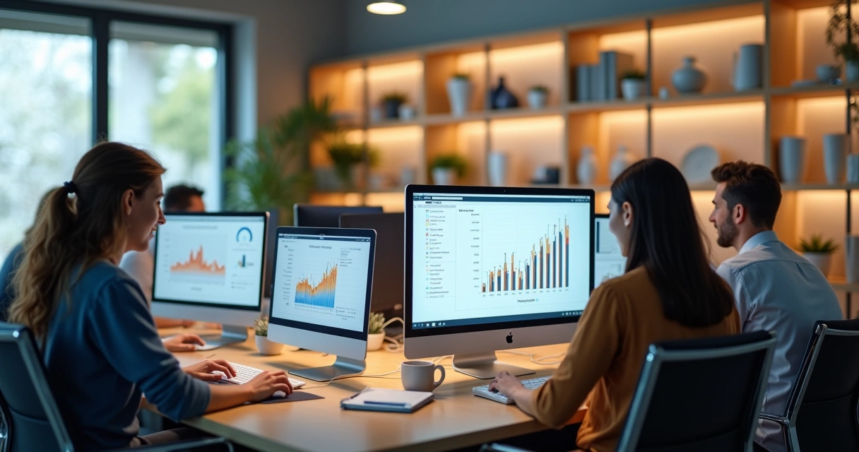 Equipe de e-commerce trabalhando em computadores