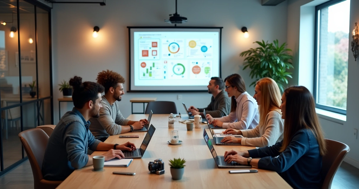 Equipe de e-commerce em reunião com creators de conteúdo, planejando campanha digital juntos 