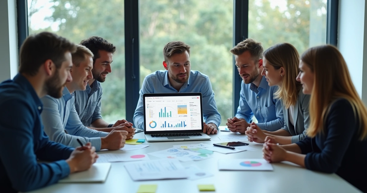 Equipe reunida analisando estratégias de venda para e-commerce 