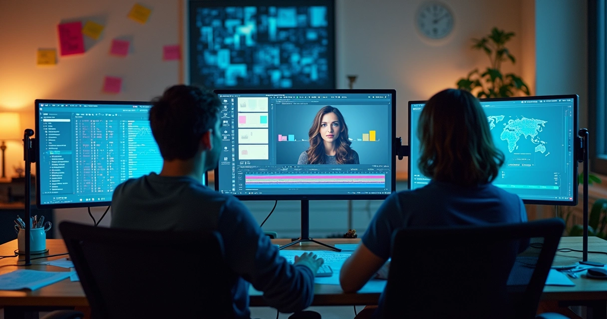 Duas pessoas em escritório colaborativo editando vídeo em tela grande com gráficos coloridos ao fundo 