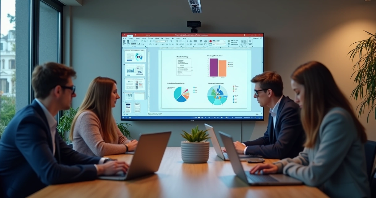 Equipe em escritório colaborando em documento PowerPoint em tempo real
