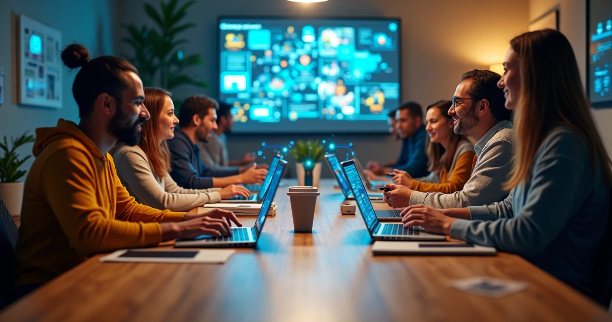 Equipe trabalhando em edição de vídeo com IA 