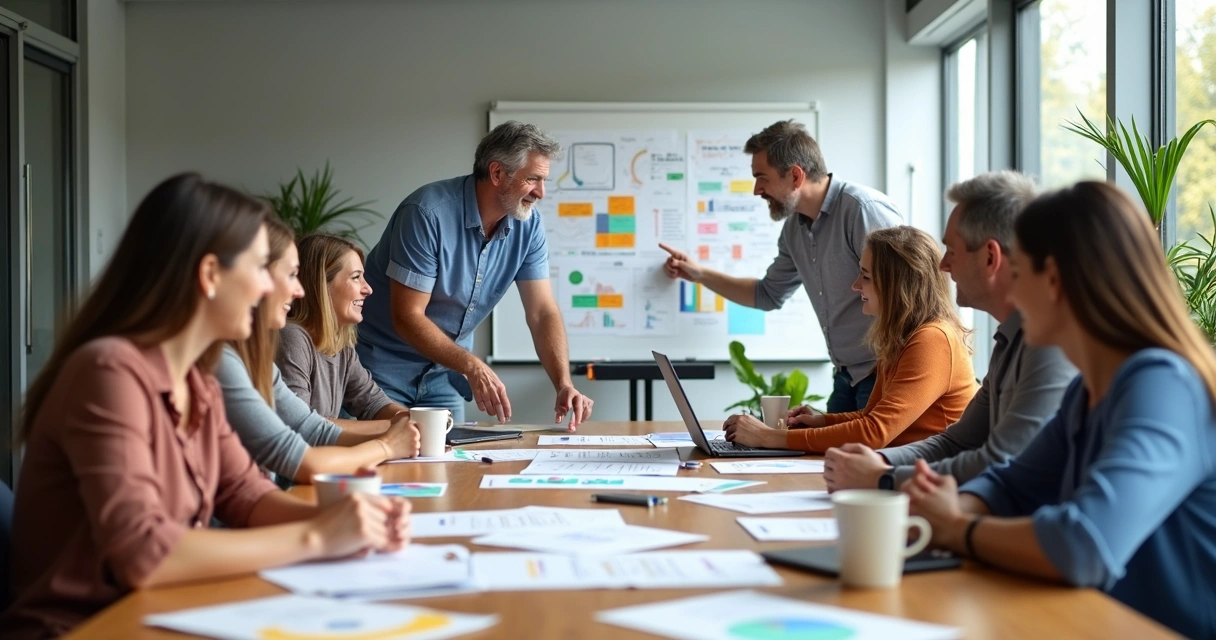 Equipe educacional colaborando em sala de reunião