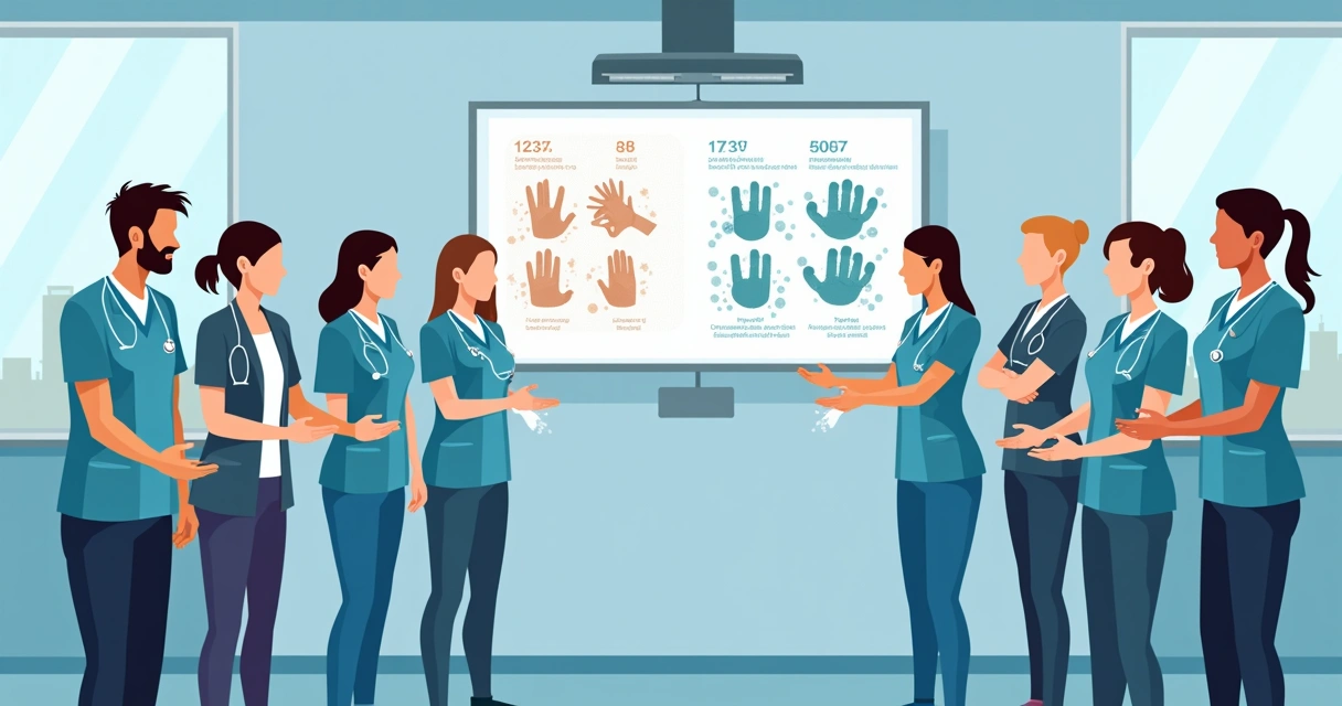 Práticas de higiene das mãos durante surtos de infecções hospitalares 1 Equipes de saúde participando de treinamento prático de higiene das mãos
