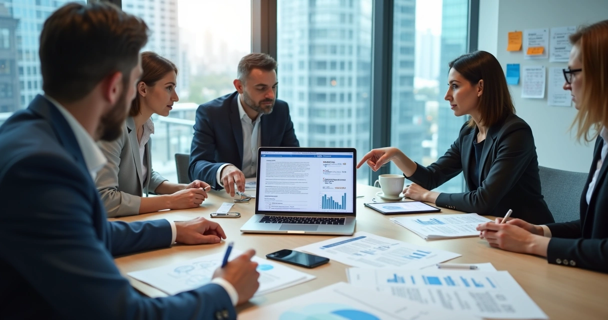 Equipe analisando proposta comercial em notebook e documentos impressos sobre mesa de reunião 