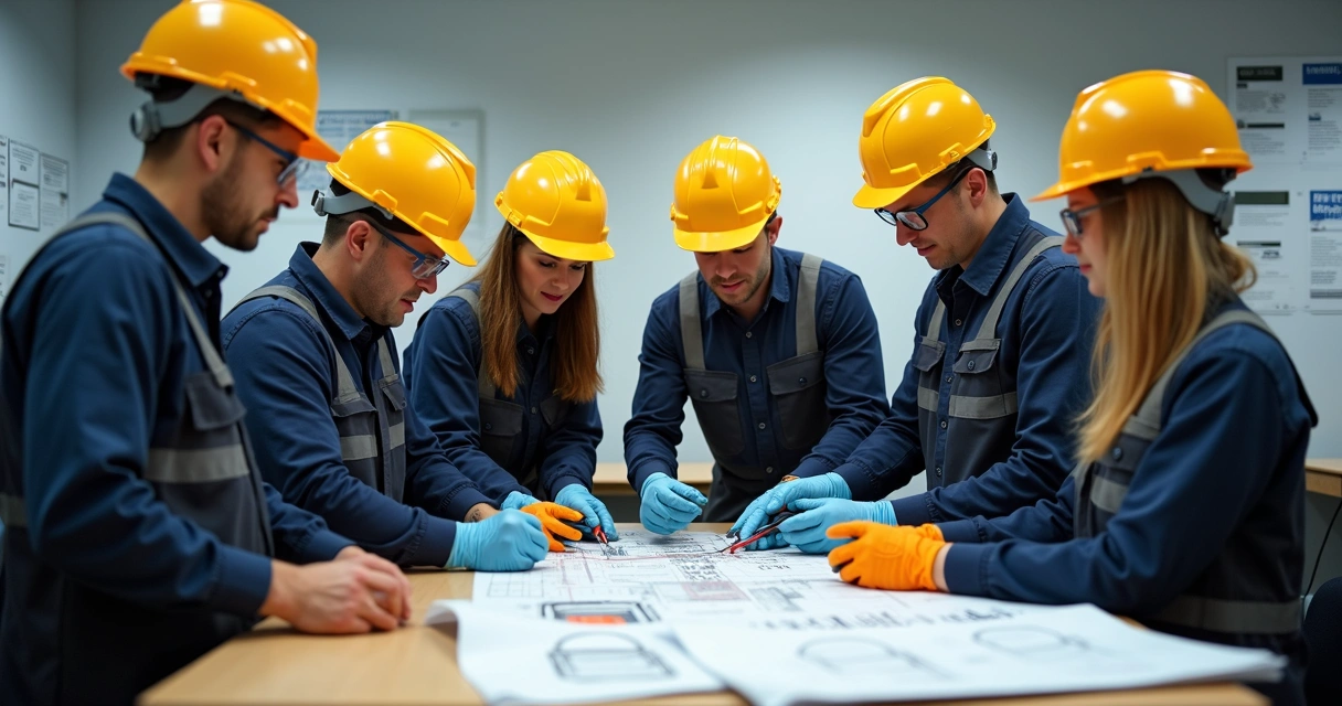 Equipe de eletricistas participando de treinamento prático de segurança.