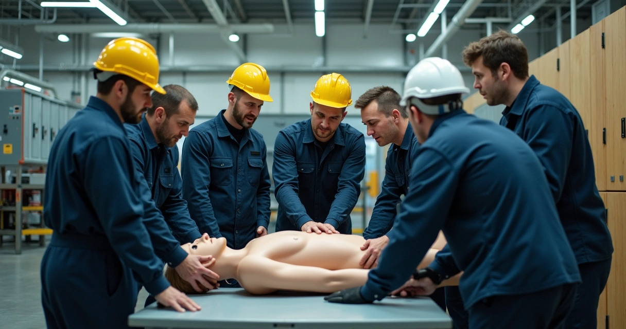 Equipe de eletricistas praticando primeiros socorros 