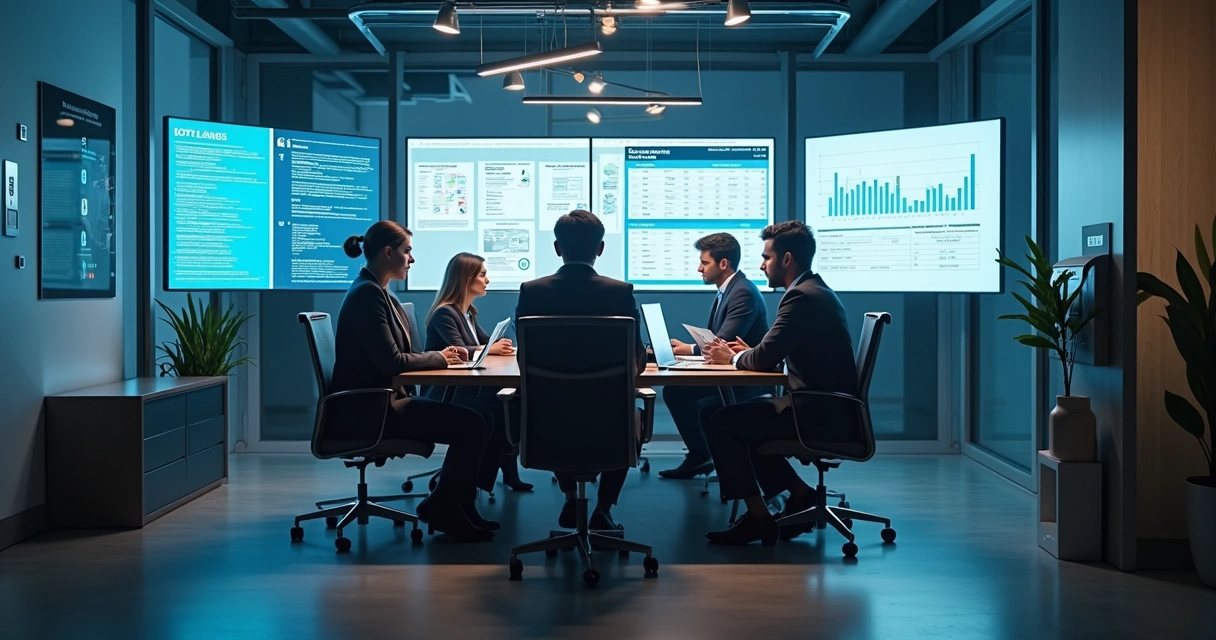 Equipe reunida analisando documentos digitais em computadores