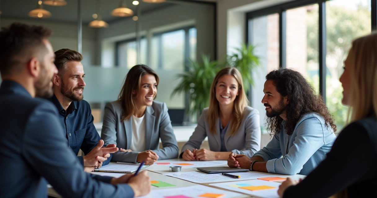 Equipe diversa sentada em círculo durante reunião colaborativa