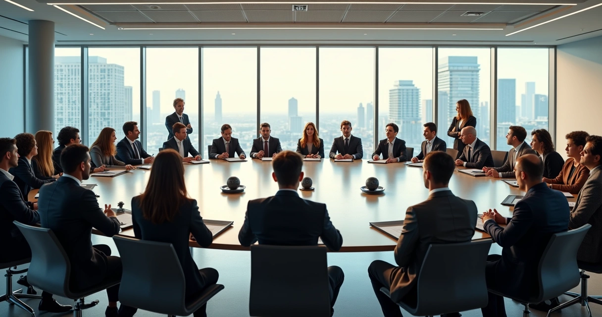 Equipe reunida em círculo em sala de reunião, pessoas sentadas e de pé, representando vínculos e papéis