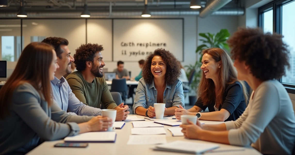 Equipe de trabalho celebrando com expressões felizes 