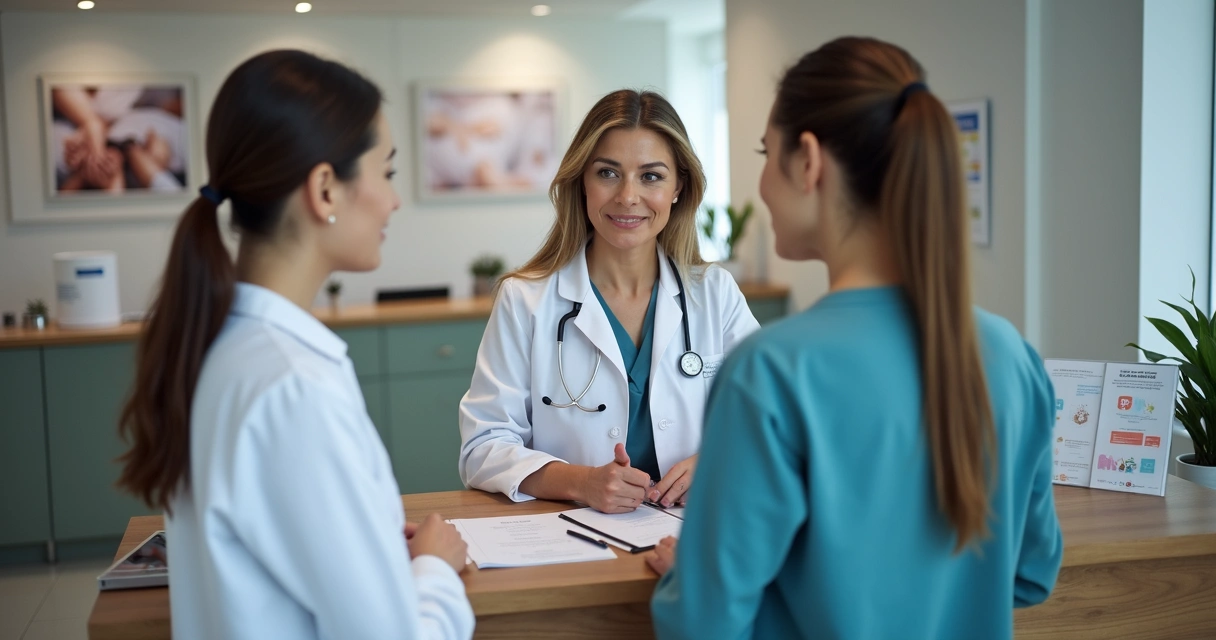 Equipe de atendimento em clínica médica conversando ativamente com pacientes. 