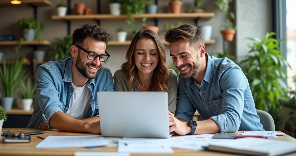 Equipe colaborando e sorrindo em projeto conjunto 