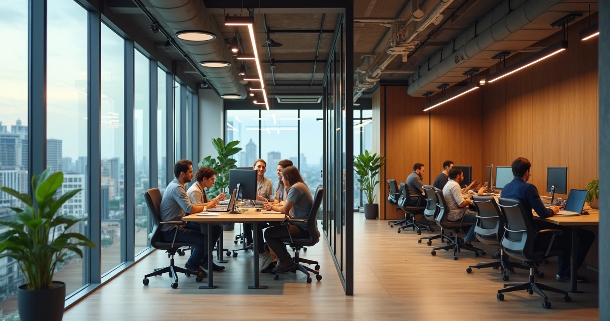 Equipe trabalhando em coworking moderno com sala envidraçada e clima colaborativo 