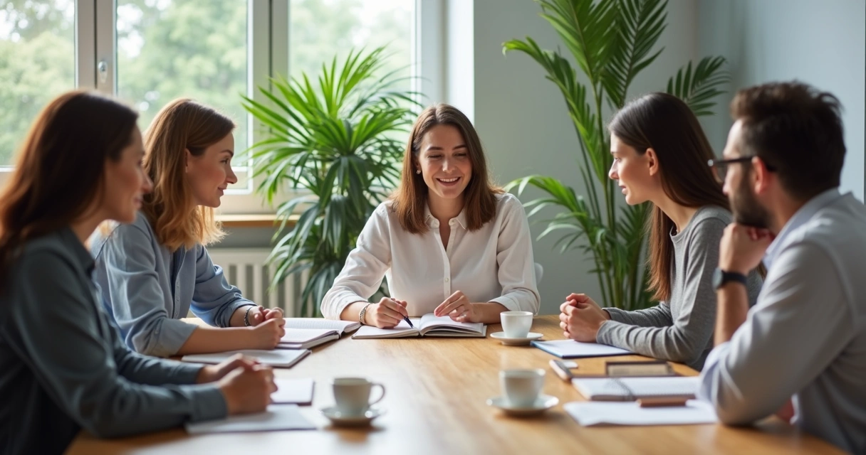Equipe em diálogo aberto durante reunião de trabalho