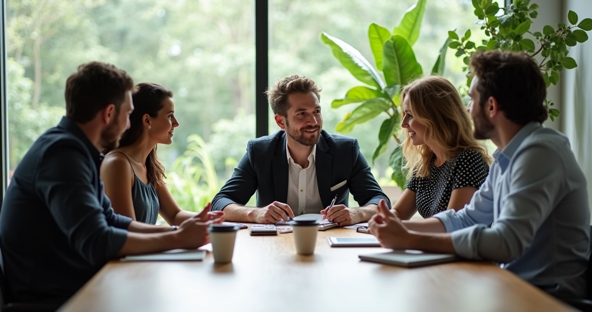Equipe reunida em mesa de reunião, conversando e escutando ativamente uns aos outros
