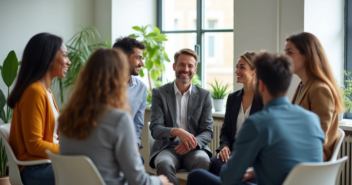 Equipe profissionais sorrindo, conversando em círculo 