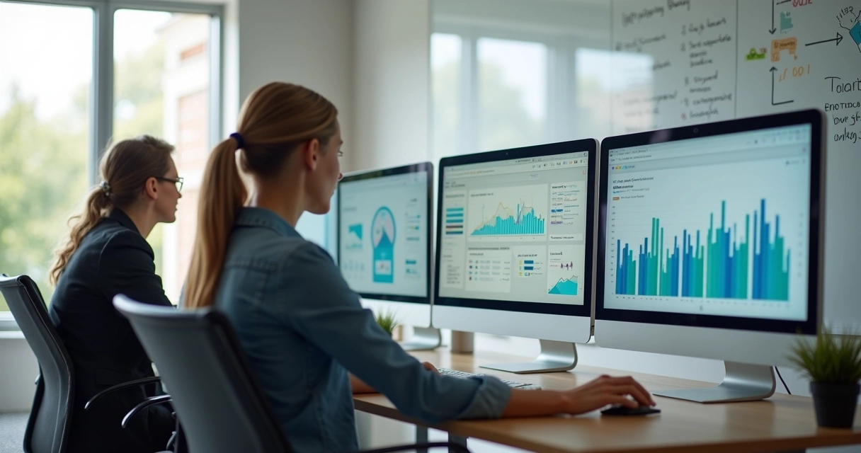 Equipe de PME trabalhando lado a lado em computadores, com telas mostrando gráficos e processos integrados por ERP 