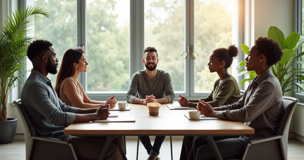 Equipe sentada em silêncio antes de uma reunião 