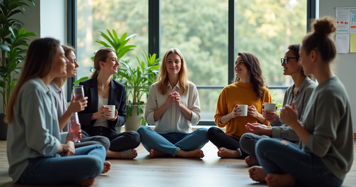 Equipe reunida em círculo fazendo pausa no escritório 