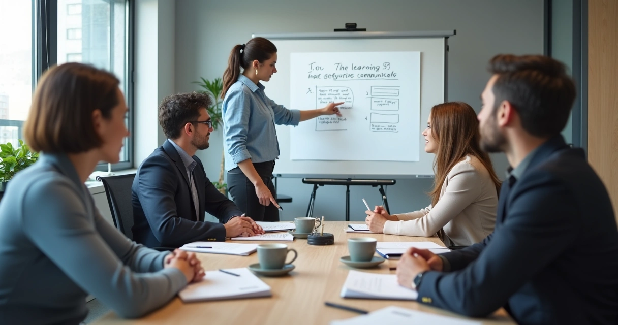 Equipe em reunião breve observando um quadro com perguntas de reflexão 