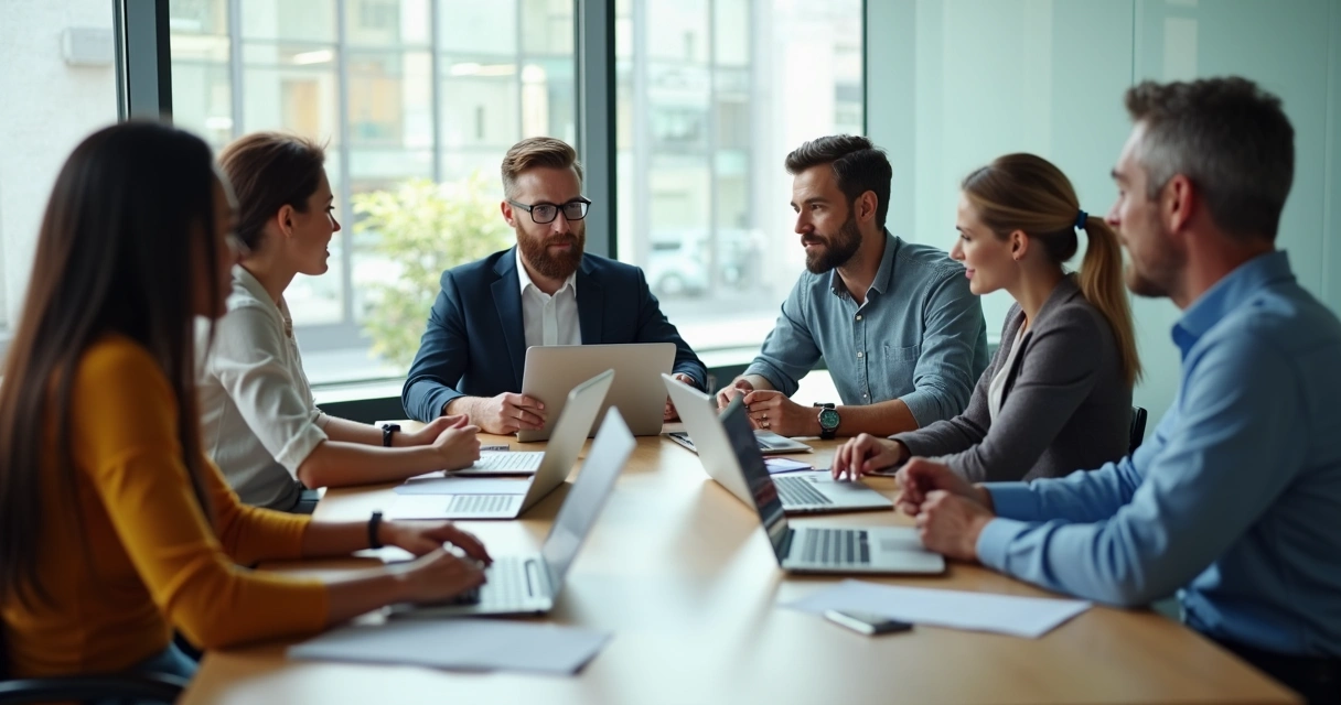 Pessoas de equipe reunidas em uma sala de reunião, conversando e alinhando ideias 