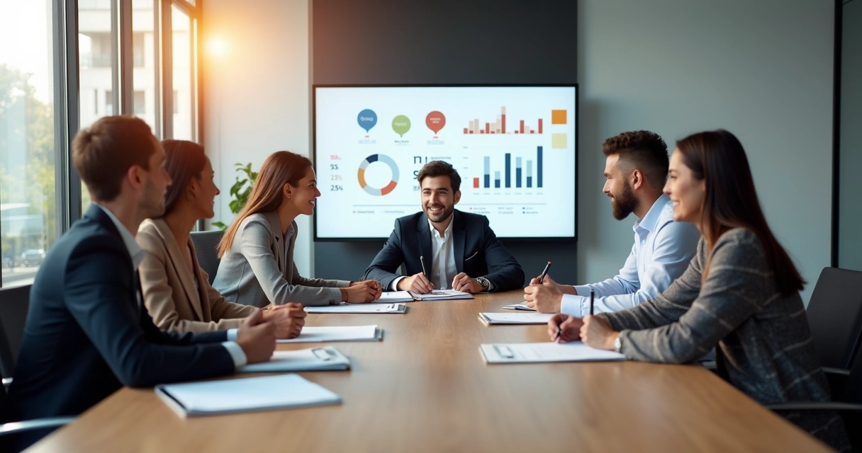 Equipe em reunião analisando dados em mesa compartilhada 
