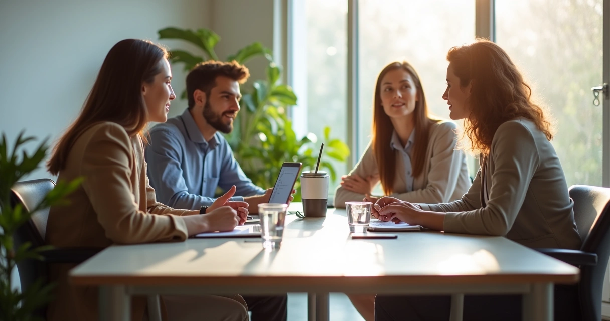 Equipe reunida em mesa discutindo ideias com postura colaborativa