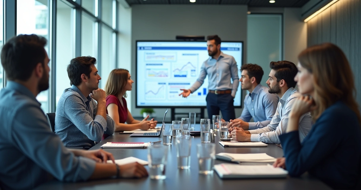 Equipe em reunião com expressão atenta e ambiente corporativo moderno