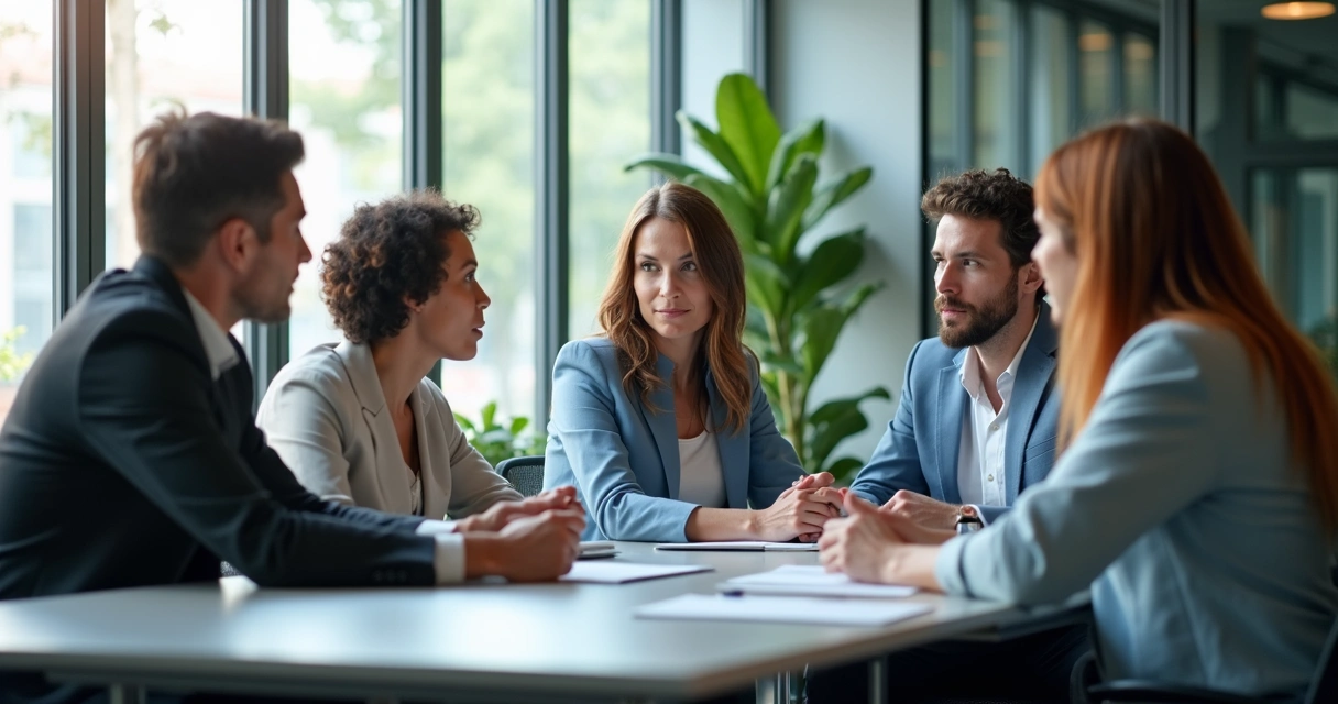 Equipe de trabalho reunida em mesa de reunião, ouvindo atenta e respeitosamente um colega