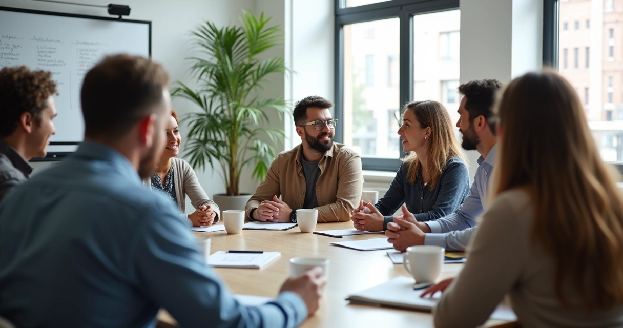 Equipe reunida em círculo, conversando de forma aberta e inclusiva