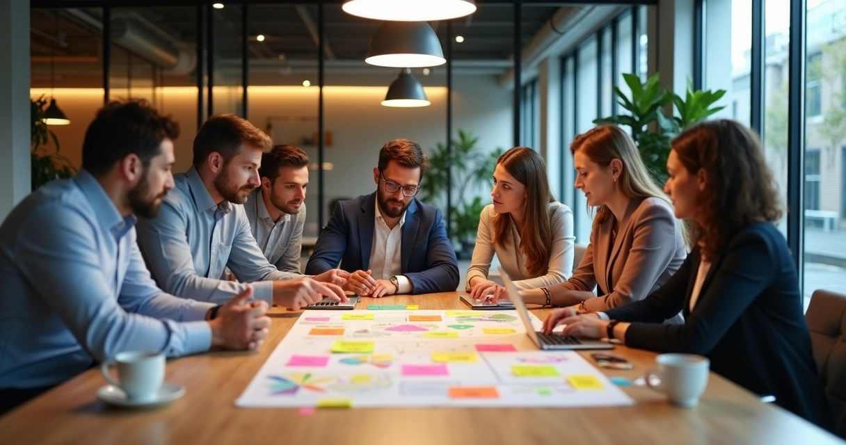 Equipe reunida ao redor de uma mesa discutindo propósito e valores 