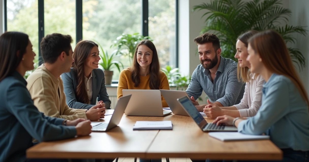 Equipe reunida ao redor de mesa colaborando com laptops, anotações e expressões atentas. 