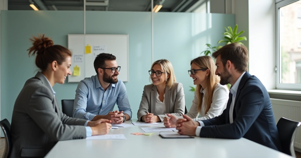 Equipe reunida ao redor de uma mesa, todos atentos e conectados durante uma reunião 