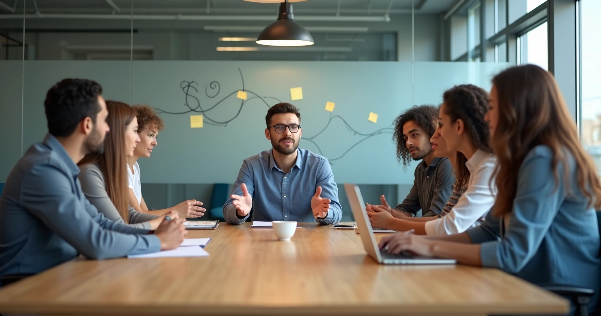 Equipe em reunião ao redor de mesa com uma pessoa compartilhando história e outros ouvindo atentos 
