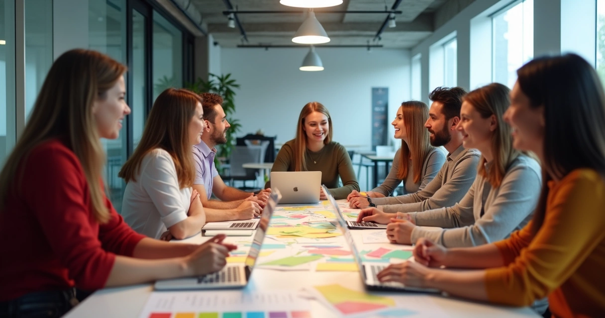Equipe reunida ao redor de uma mesa discutindo projetos com papéis e laptops 