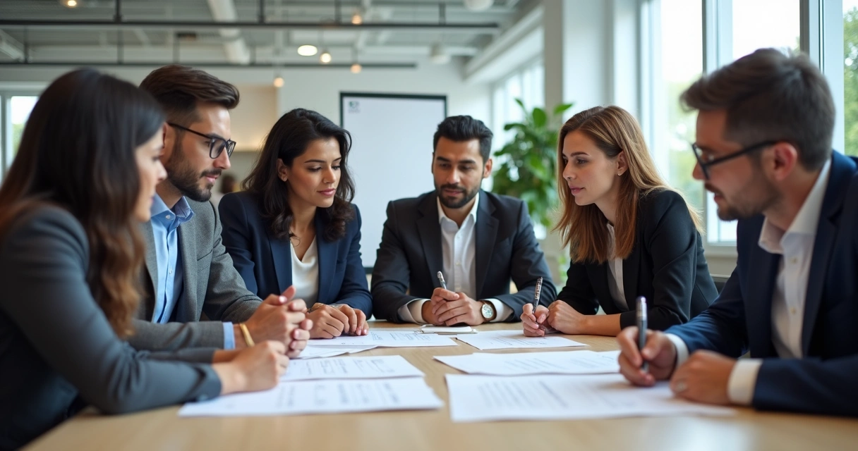 Equipe reunida em mesa de escritório discutindo códigos de ética 