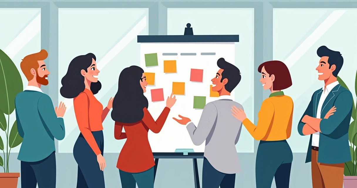 Equipe reunida em pé em frente a um quadro branco com post-its organizando tarefas. 