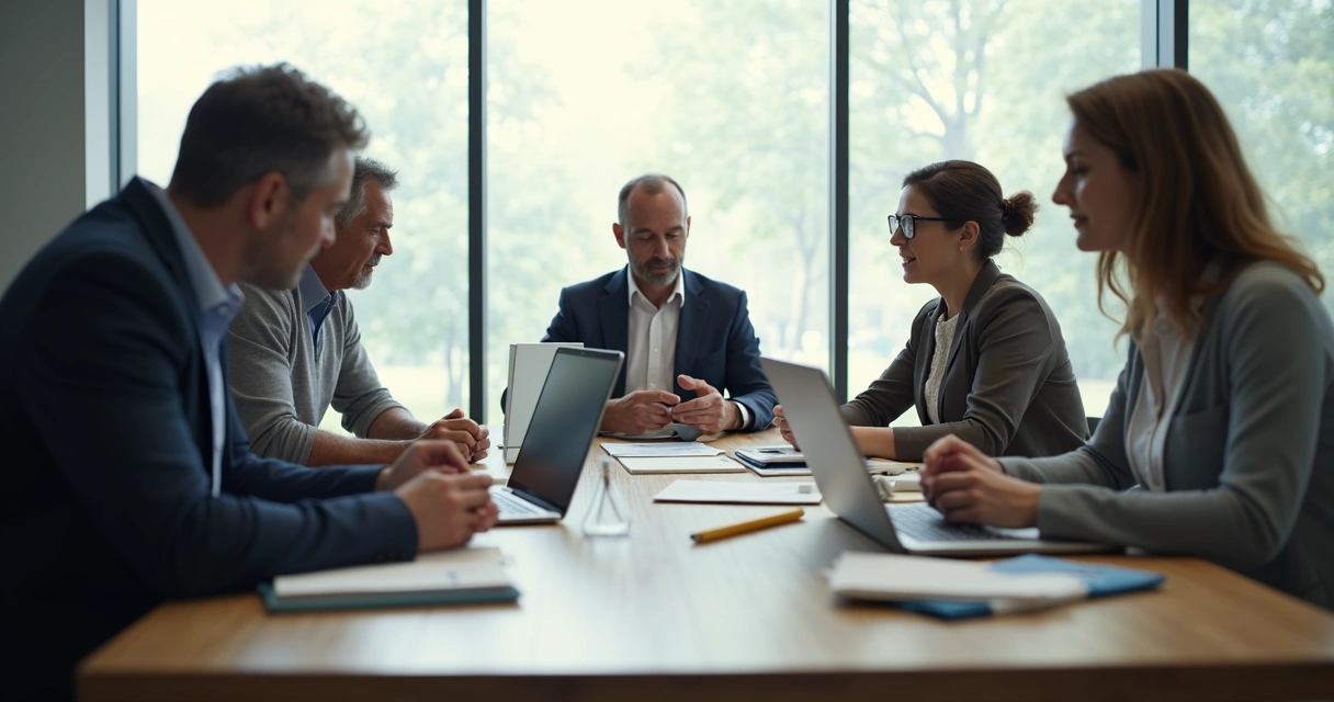 Equipe reunida ao redor de uma mesa discutindo calmamente uma decisão importante 