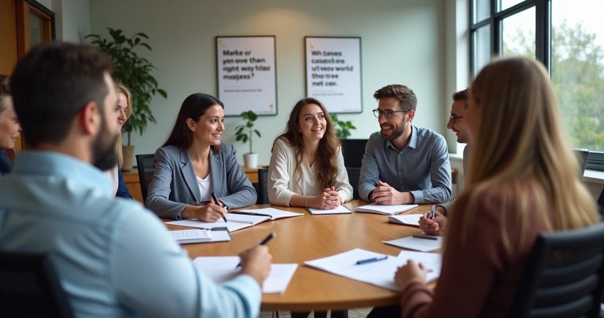 Equipe em reunião de feedback sentada em uma mesa de escritório 