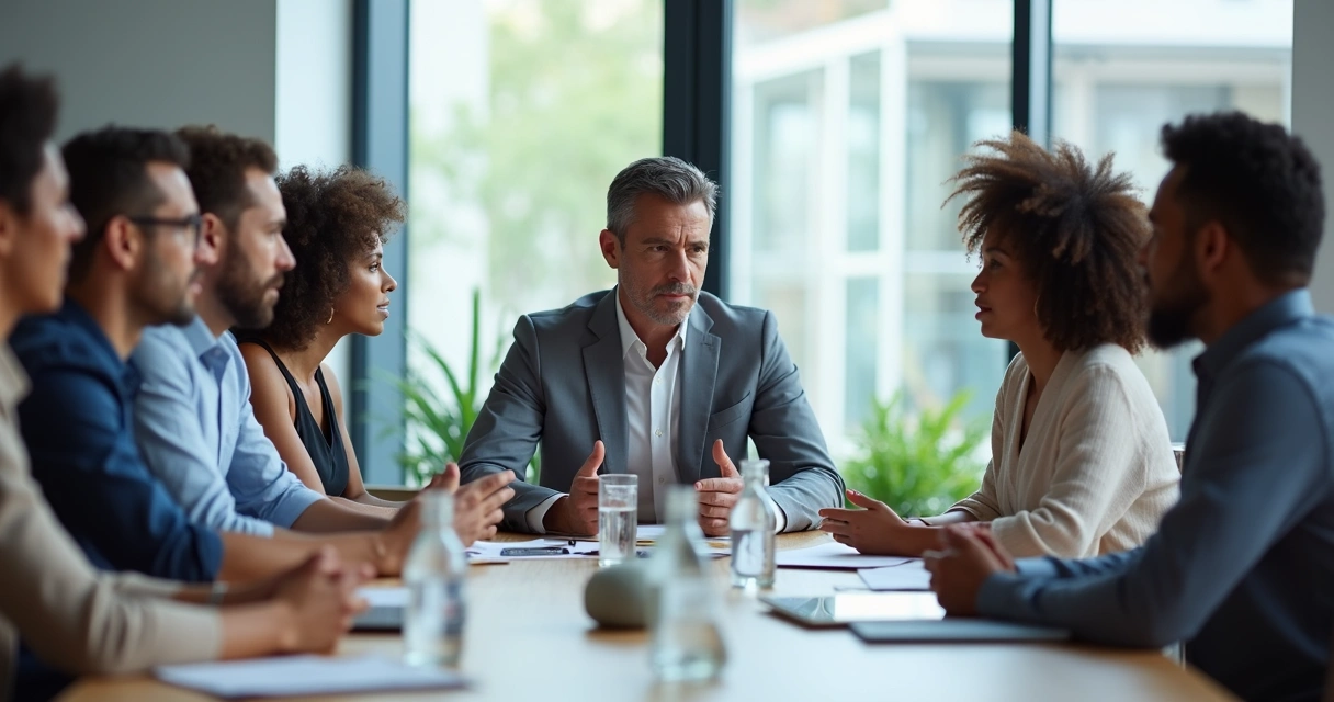 Equipe reunida em sala discutindo com gestos firmes 