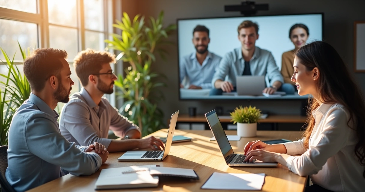 Equipe híbrida reunida ao redor de uma mesa, enquanto alguns participam por videochamada em uma tela 