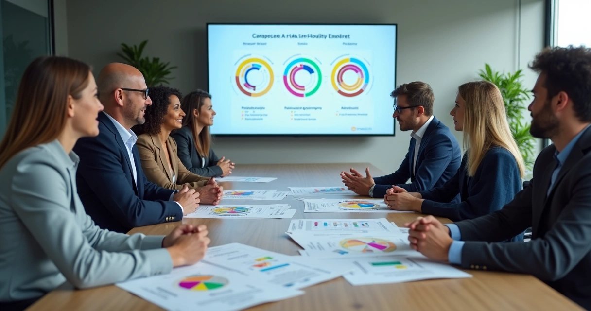 Gestores e colaboradores analisando perfil DISC em reunião de mediação