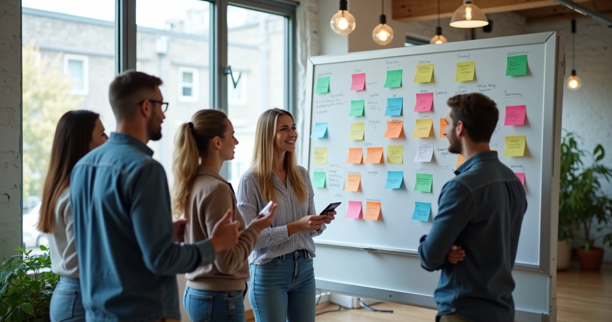 Equipe reunida em sala de reunião analisando quadro branco com listas