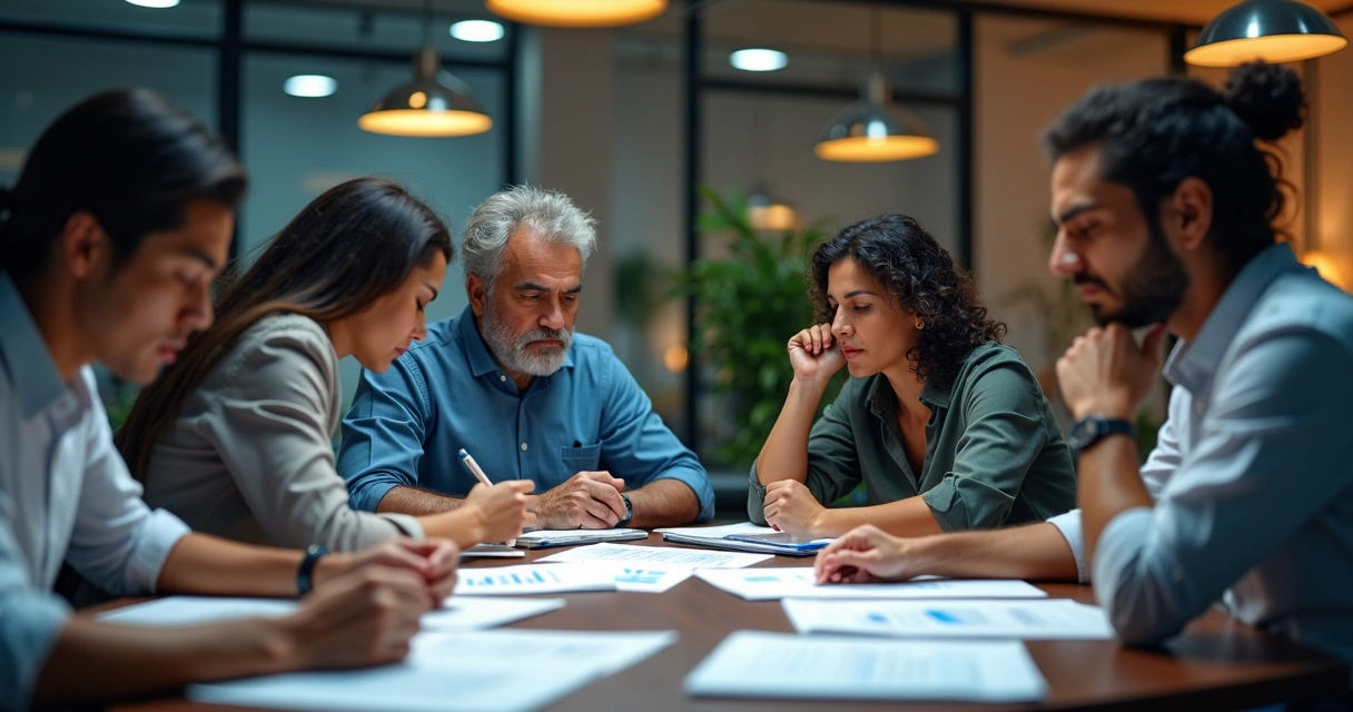 Equipe em reunião sob estresse, tomando decisões rápidas 