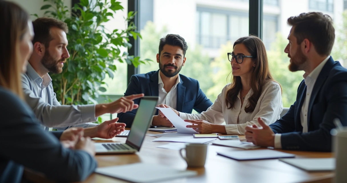 Equipe em reunião avaliando papéis e responsabilidades 