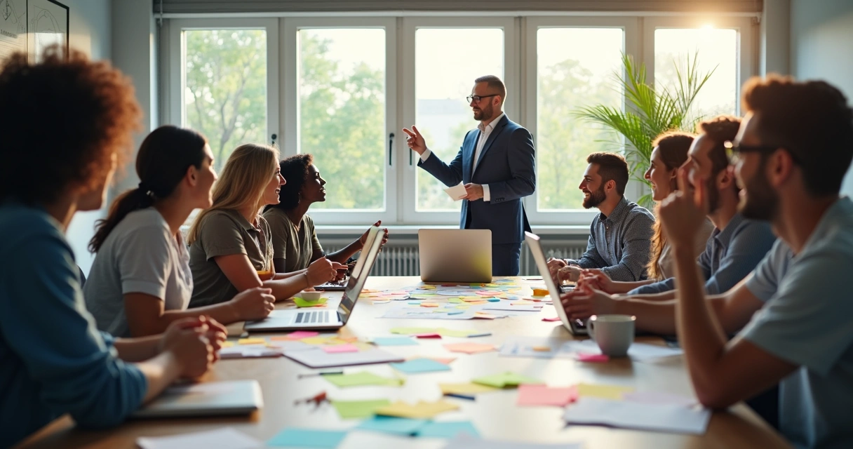Equipe diversificada discutindo ideias em uma reunião de trabalho.